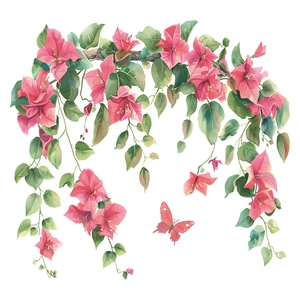 Detailed watercolor wall sticker featuring pink bougainvillea flowers and a small butterfly