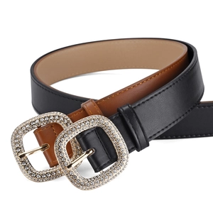 Elegant double-layered black and brown leather belt featuring square rhinestone gold buckles