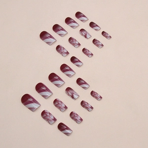 Square medium long burgundy wine red press-on nails with cracked geometric textures