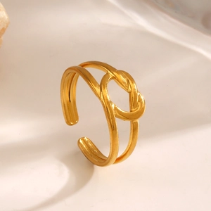 Minimalist 18K gold plated heart knot open ring with a polished double-row design