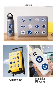 Detail of blue evil eye stickers applied on laptop, water bottle, and mobile phone case