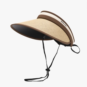 Women's two-tone natural straw sun visor hat with wide brim and adjustable strap