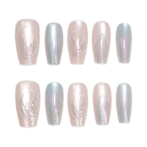Blue mermaid aurora press-on nails set with long coffin shape and holographic flame design