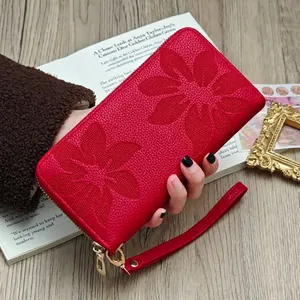 Women Long Wallet PU Leather Embossed Sunflower Zipper Clutch Bag With Wristlet Large Capacity Phone Organizer Elegant