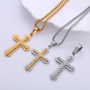 Colliers croix double couche en acier inoxydable avec zircon incrusté or et argent