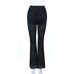 Detail view of gothic lace flare pants with cross patterns and sheer mesh texture