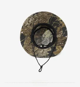 Detailed interior view of camouflage sun hat featuring a sweatband and adjustable wind rope