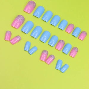 Reusable press-on nails in glitter pink and soft blue shades, 24-piece oval set