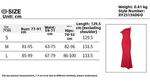 Detailed sizing chart for off-shoulder fishtail dress showing bust and waist measurements