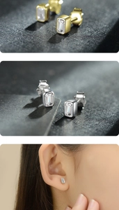 Macro shot of rectangular cut tourmaline stud earrings in gold and silver plating