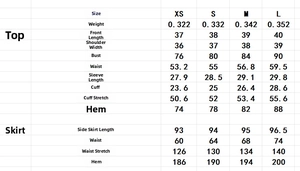 Detailed sizing chart for women's beach set with knot top and smocked maxi skirt