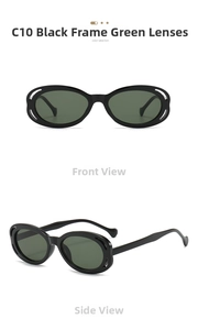 Detail of C10 black oval sunglasses with green lenses and unique hollowed-out temples