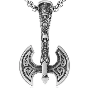Punk style viking axe pendant in antique silver stainless steel with skull engravings