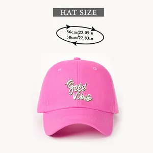 Detailed size chart for pink Good Vibes baseball cap with 56-58cm head circumference info