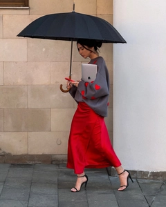 Lazy style grey round neck knit sweater with red heart pattern and red satin maxi skirt