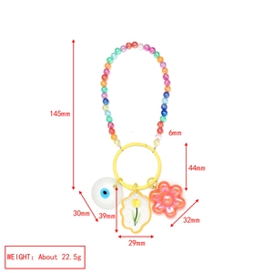 Detailed dimensions of colorful beaded keychain with tulip and evil eye charms