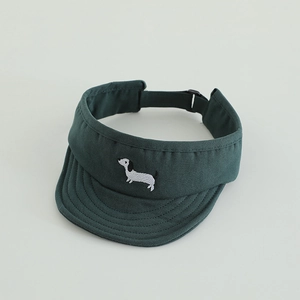 Detail of dark green sun visor with white dachshund embroidery and adjustable back buckle