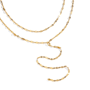 Close-up of golden double-layer Y-shaped necklace with flat sequin chain on white background