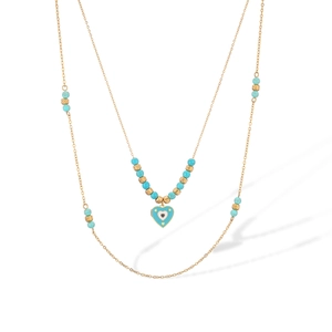 Bohemian gold-plated double-layer necklace with turquoise beads and heart devil eye pendant