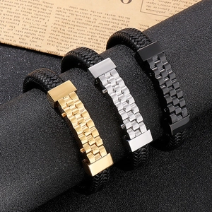 Men's leather braided stainless steel bracelets in gold, silver and black metal finishes
