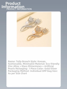 Detailed view of tulip brooch specifications with zinc alloy, rhinestones and pearls