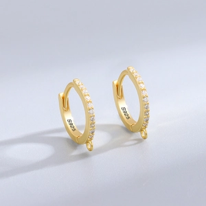 S925 sterling silver gold plated hoop earrings with zircon stones and hanging loop