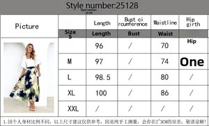Detailed size chart for floral pleated A-line skirt with lengths and waist measurements