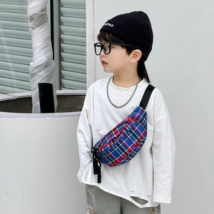 Kids plaid crossbody chest bag in blue and red pattern with adjustable black strap