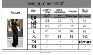 Tableau des tailles pour robe longue en dentelle avec mesures et photo du modèle