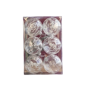 Set of 6 clear acrylic Christmas balls with Merry Christmas print and leaf patterns