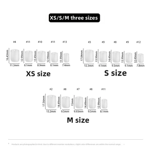Size guide table for press-on nails showing XS, S, and M measurements in millimeters