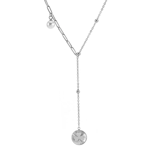 Silver stainless steel necklace featuring pearl clover pendant and asymmetrical paperclip chain