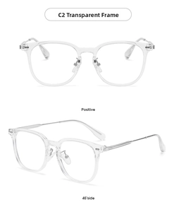 Macro view of C2 transparent frames with metal temples and soft silicone nose pads