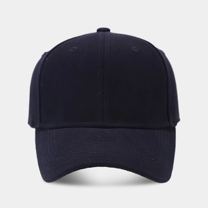 Detail view of a navy blue structured baseball cap with six-panel design and top stitching
