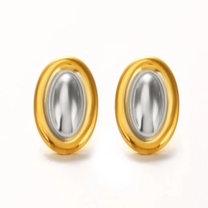 Minimalist 18K gold and silver oval stud earrings in two-tone geometric stainless steel