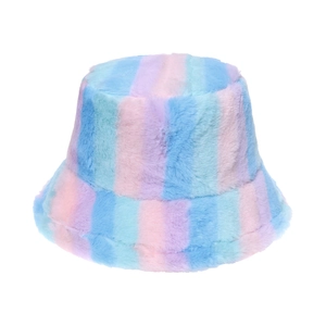 Colorful striped faux fur bucket hat with fluffy texture in pastel rainbow shades