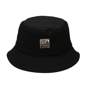 Classic black cotton bucket hat with retro label patch and sturdy stitched brim