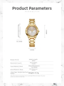 Dessin technique et dimensions de la montre à quartz dorée pour femme modèle M1414
