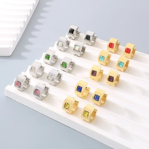 Minimalist stainless steel square zircon earrings in various vibrant gemstone colors