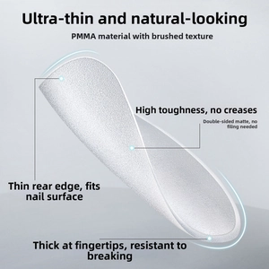 Macro detail of ultra-thin matte PMMA false nails showing thin edges and tip thickness