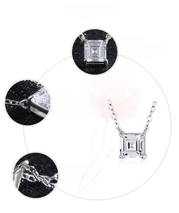 Macro detail of 925 sterling silver necklace with a 5A square zircon in 4-prong setting