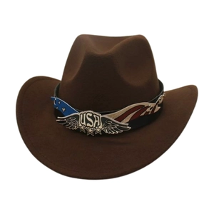 Classic dark brown felt western cowboy hat with USA metal buckle and flag pattern