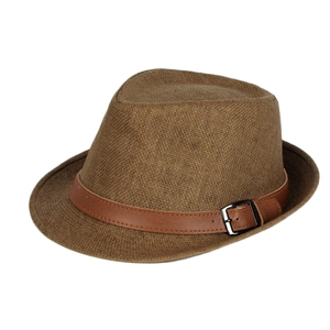 Classic brown woven straw fedora hat for men featuring a faux leather band and metal buckle