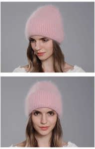 Close-up of a soft pink angora rabbit fur knitted hat for women with sequin details