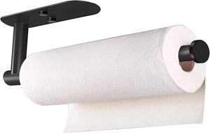 Detail showing matte black stainless steel paper towel holder with hanging paper roll
