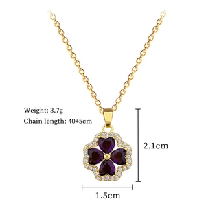 Detailed specs of the gold clover pendant necklace with purple gems and clear stones