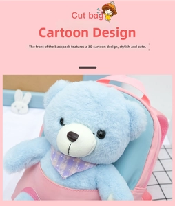 Detail of cute pink toddler backpack with 3D plush bear head and checkered scarf