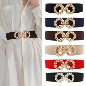 Women's Fashion Elastic Wide Belt With Interlocking Metal Buckle Stylish Waist Cinch For Dresses Shirts Decorative Accessories