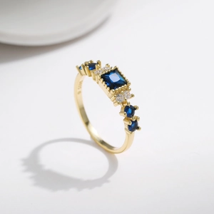 S925 sterling silver gold plated ring with square blue gemstone and zircon accents