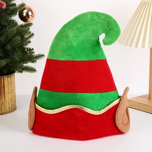 Elf Christmas hat with red and green stripes and gold wavy trim on a white background